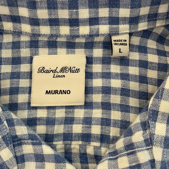 Baird McNutt Linen MURANO Short Sleeve Sport Shirt in Blue Gingham Check Size L - Picture 3 of 6